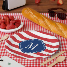 Prato De Papel Red White e Blue Patriotic Stripes Monograma