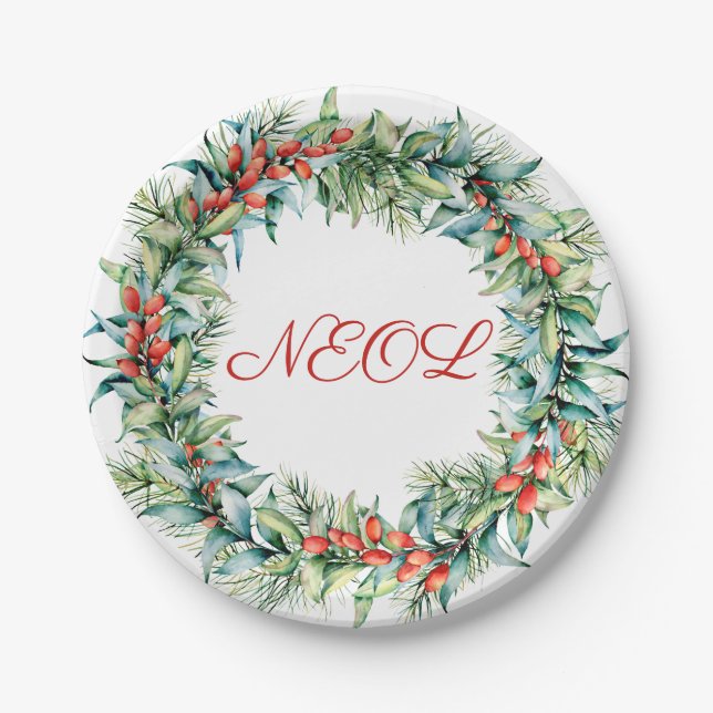 Prato De Papel Red Winter Berry Wreath Paper Plate (Frente)