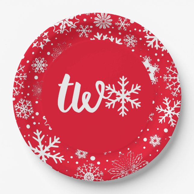 Prato De Papel Red Winter Second Birthday Snowflake Two Plates (Frente)