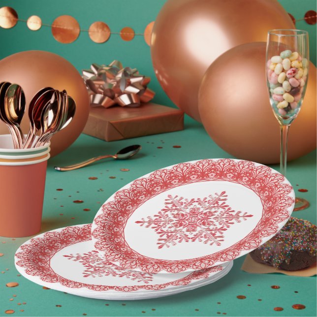 Prato De Papel Red Winter Snowflake Lace Edge (Múltiplo)