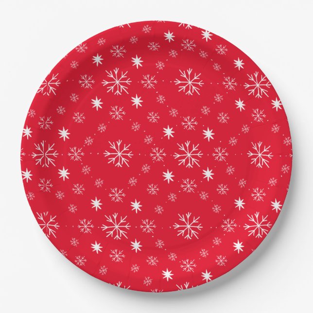 Prato De Papel Red With White Snowflakes Paper Plate (Frente)