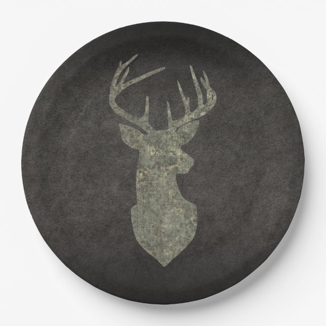 Prato De Papel Regal Buck Trophy Deer Silhouette em Camouflage (Frente)