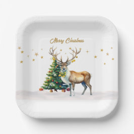 Prato De Papel Reindeer Dourado Baubles Feliz Natal