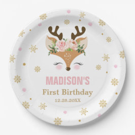 Prato De Papel Reindeer Floral Snowflakes Aniversário de Natal