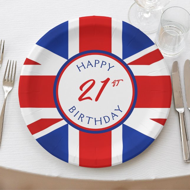 Prato De Papel Reino Unido Feliz Aniversário do Reino Unido (UK United kingdom flag happy 21st birthday paper plates)