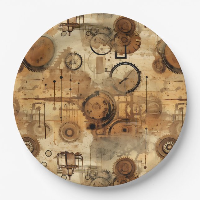 Prato De Papel Relógio Steampunk Rústico Grunge (Frente)