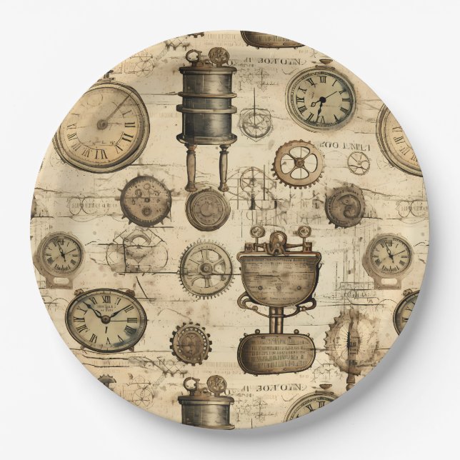 Prato De Papel Relógio Vintage Steampunk Pardo Pergaminho (Frente)