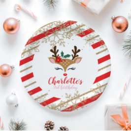 Prato De Papel Rena de Natal Aniversário Dourado Flocos de Neve L