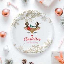 Prato De Papel Rena de Natal Aniversário Flocos de Neve Dourados