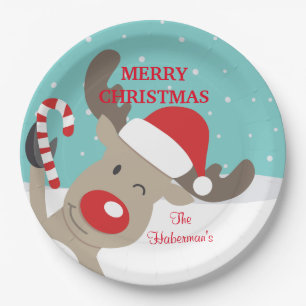 Prato De Papel Rena personalizada de Rudolph com bastão de doces