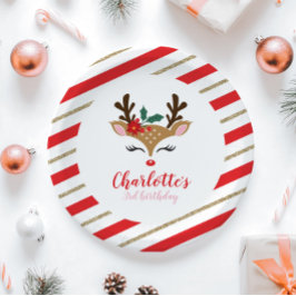 Prato De Papel Renas de Natal Aniversário Listras Vermelhas Doura