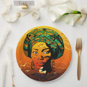 Prato De Papel Retrato de Mulher Africana com Sunset
