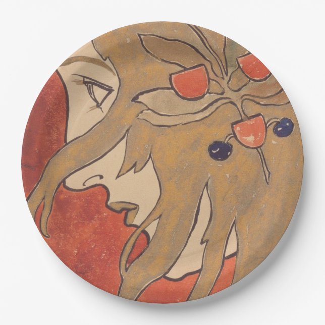 Prato De Papel Retrato de uma Bela Menina em Vermelho (Art Nouvea (Frente)