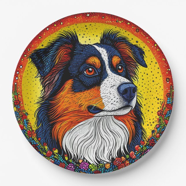Prato De Papel Retrato Ilustrado Vibrante de Cão (Frente)