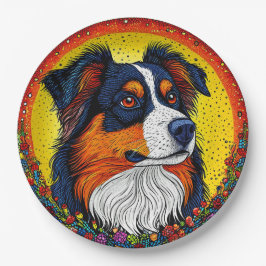 Prato De Papel Retrato Ilustrado Vibrante de um Cachorro