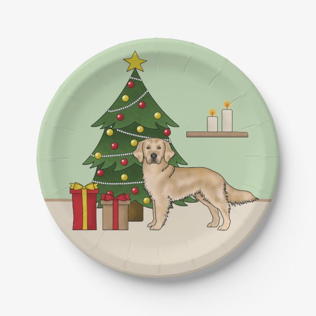 Prato De Papel Retriever Dourado Amarelo Com Árvore de Natal Verd (Frente)