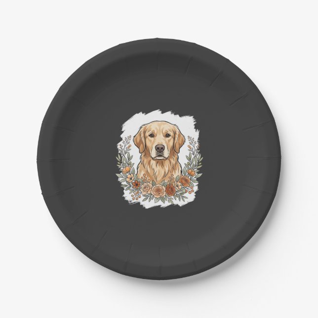 Prato De Papel Retriever Dourado Floral Sublimação (Frente)