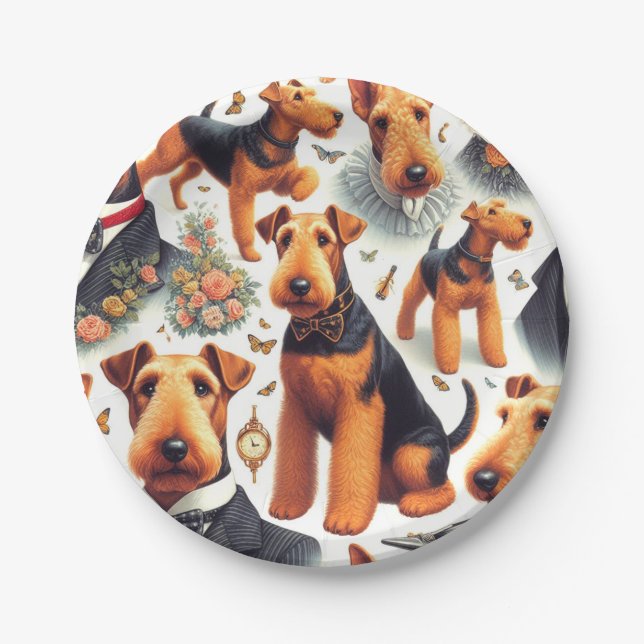 Prato De Papel Retro Airedale Terrier sem costura (Frente)