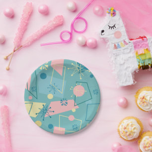 Prato De Papel Retro Atômica dos anos 50 em Teal e Rosa