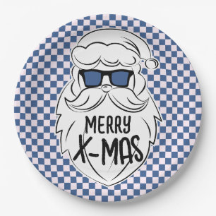 Prato De Papel Retro Azul Rosa Xadrez Papai Noel Natal