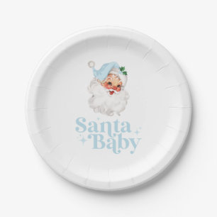 Prato De Papel Retro Azul Santa Bebê chás de bebê de Natal