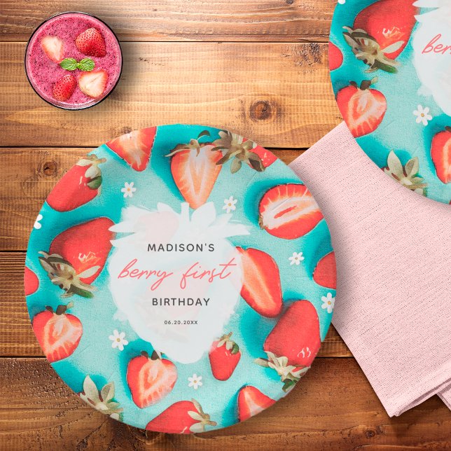 Prato De Papel Retro Berry Floral Primeiro Aniversário de Morango (Criador carregado)