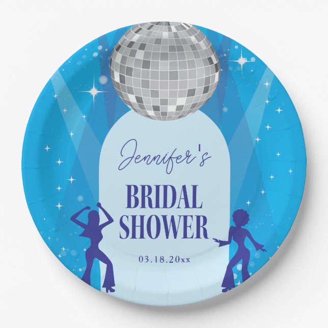 Prato De Papel Retro Blue 70s Disco Dancing Queen Bridal Shower (Frente)