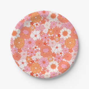 Prato De Papel Retro Boho Rosa Laranja Floral Flores Fofas