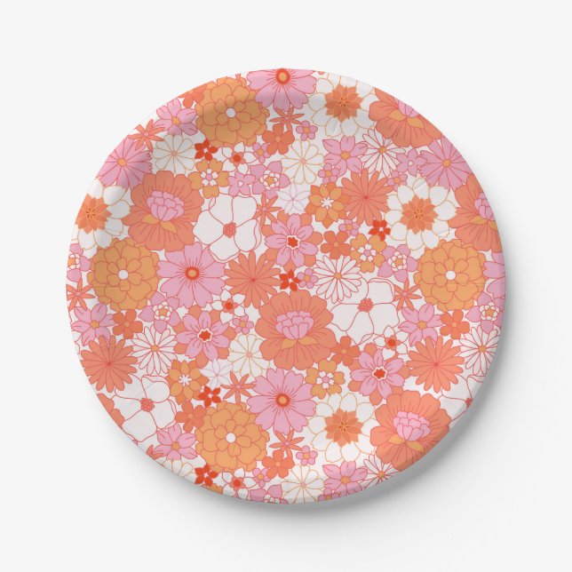 Prato De Papel Retro Boho Rosa Laranja Floral Flores Fofas (Frente)