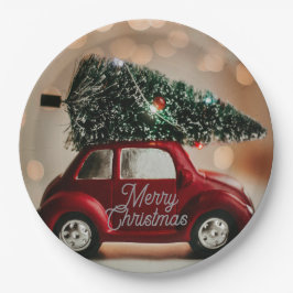 Prato De Papel Retro Car Carrying Christmas Tree Paper Plates