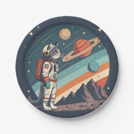 Prato De Papel Retro Cat Astronaut Cosmic Space Illustration