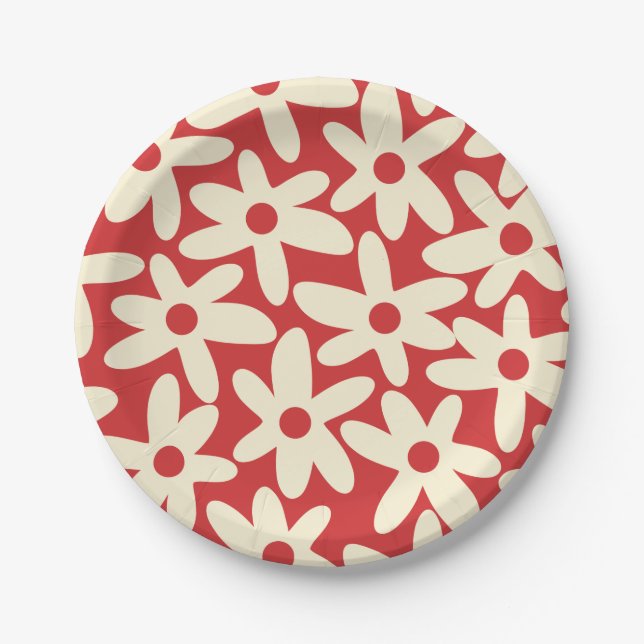 Prato De Papel Retro Daisies Padrão Floral Vermelho e Creme (Frente)