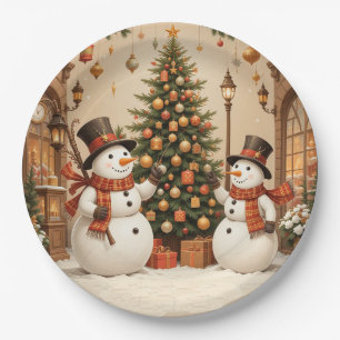 Prato De Papel Retro Festivo Homem de Neve e Árvore de Natal