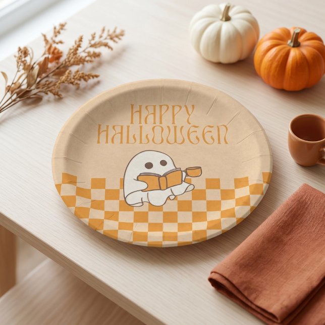 Prato De Papel Retro Fofo Fantasma Feliz Halloween (Retro Cute Ghost Happy Halloween Paper Plates)