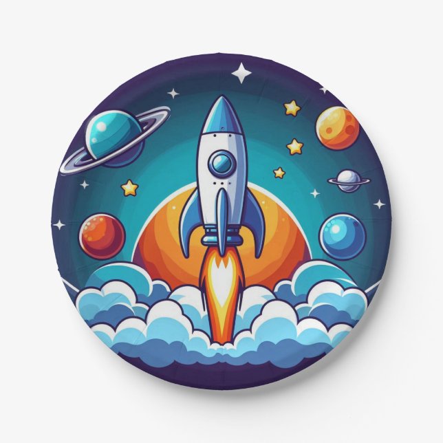 Prato De Papel Retro, foguete espacial (Frente)