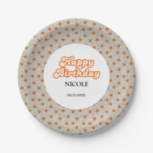 Prato De Papel Retro Groovy Arch Bright Orange Daisy Birthday