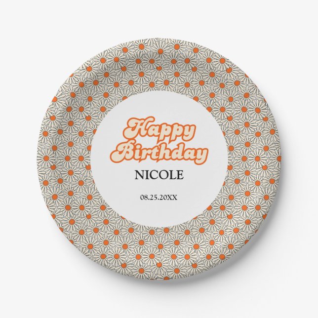 Prato De Papel Retro Groovy Arch Bright Orange Daisy Birthday (Frente)