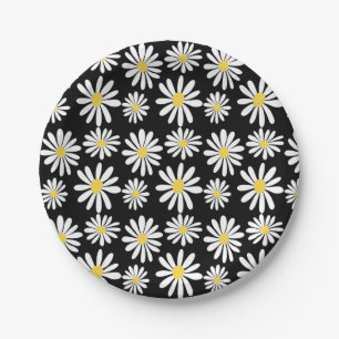 Prato De Papel Retro Groovy Daisies Primavera Daisy Boho Black