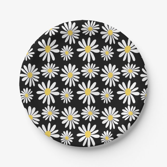 Prato De Papel Retro Groovy Daisies Primavera Daisy Boho Black (Frente)