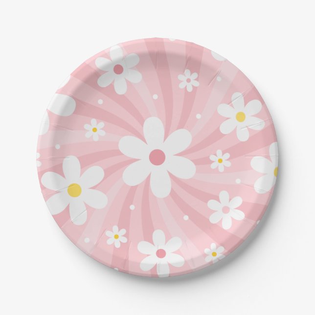 Prato De Papel Retro Groovy Pink Sunshine Daisy Floral Hippie (Frente)