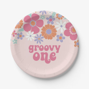Prato De Papel Retro Groovy Um Floral Rosa