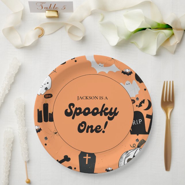 Prato De Papel Retro Grooy Spooky Um Dia das Bruxas Primeiro Aniv (Casamento)