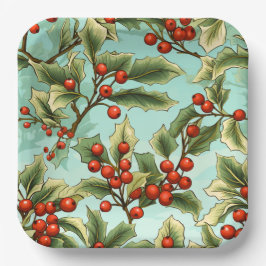 Prato De Papel Retro Holly Christmas Large