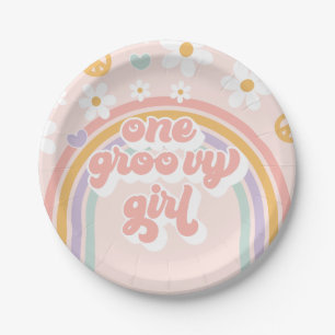 Prato De Papel Retro One Groovy Girl Aniversário Arco-íris