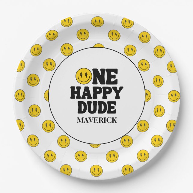 Prato De Papel Retro One Happy Dude Smile Face Boy 1st Birthday (Frente)