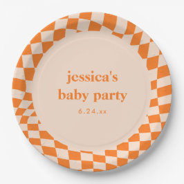 Prato De Papel Retro Orange Abstract Checkerboard Baby Shower