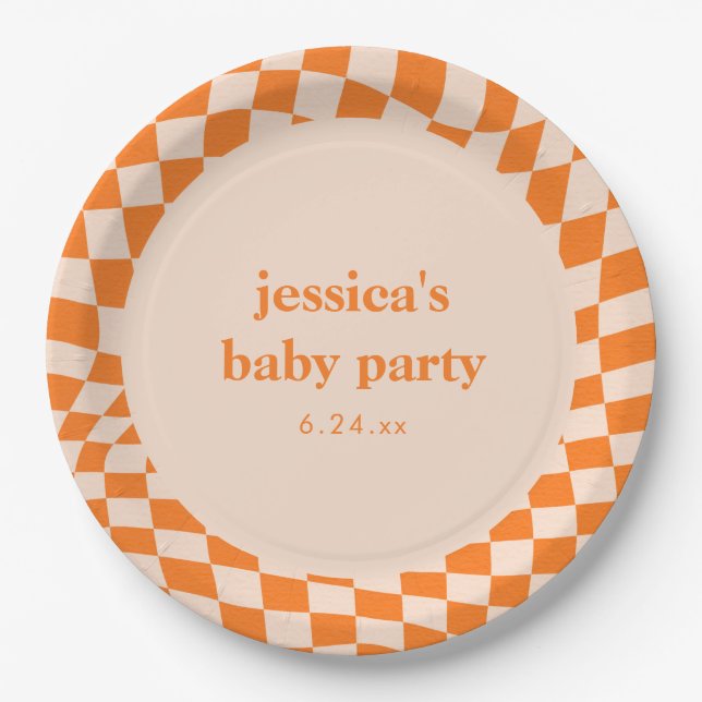 Prato De Papel Retro Orange Abstract Checkerboard Baby Shower (Frente)