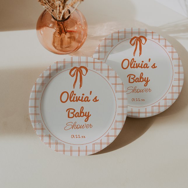 Prato De Papel Retro Orange Hand Drawn Written Bow Baby Shower (Criador carregado)