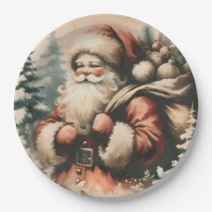 Prato De Papel Retro Papai Noel com Ornamentos