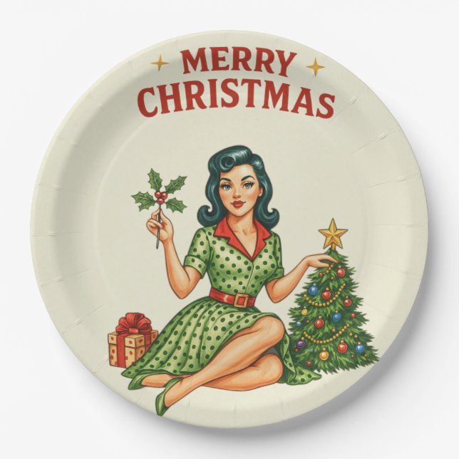 Prato De Papel Retro Pin-Up Merry Christmas Holiday Paper Plate (Frente)